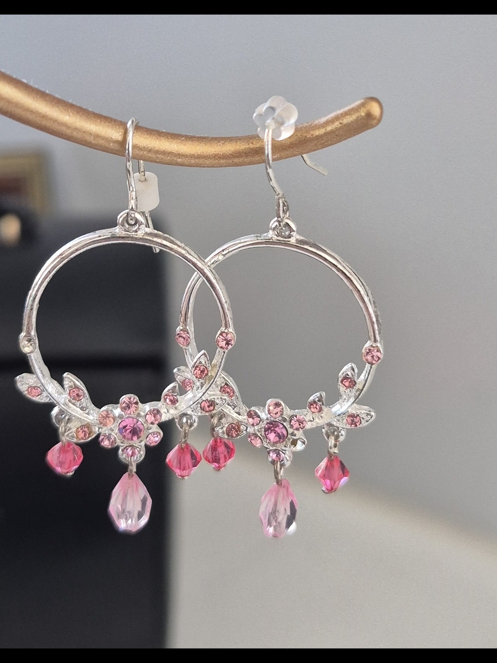 Silver Hoop Earrings with Pink Crystal Drops